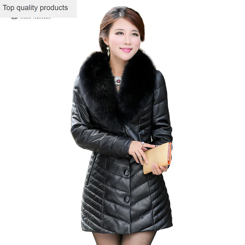 New Women Real Leather Jacket Black Fox Fur Collar White Duck Down Winter Outerwear Female Genuine Sheepskin Coat OK1162 | Женская