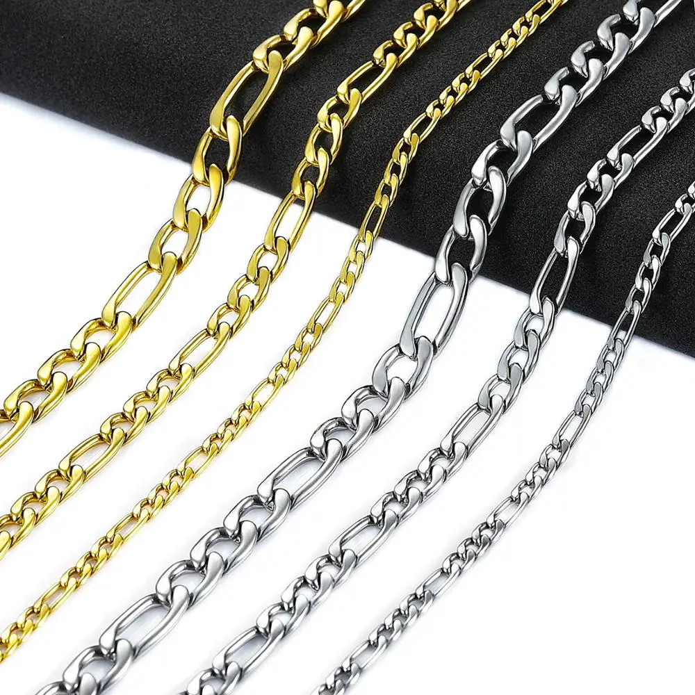 Basic Stainless Steel Link Figaro Chain Long Necklace for Men Women Gold/Silver Color Choker Metal Jewelry Accessories DIY Gift Stainless Steel Necklace Metal Necklace Choker Necklace