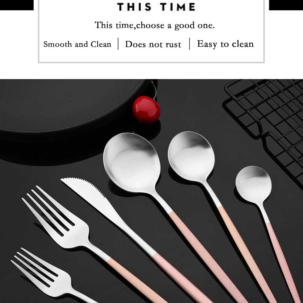 Description Picture 3 of itemPink Gold Western Tableware Dinner Knife Fork Spoon Teaspoon Flatware Cutlery Set Stainless Steel Home Dinner Dinnerware Set