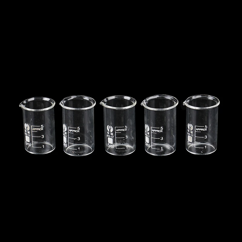 5Pcs Capacity 5ml Low Form Beaker Chemistry Laboratory Borosilicate Glass Transparent Beaker Flask Thickened With Spout