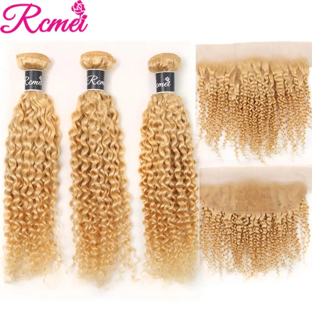 

Rcmei Pre-Color Peruvian Hair Weave 613 Blonde Kinky Curly 4PCS Blonde Bundles With Frontal Remy Human Hair Extension