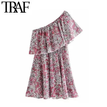 

TRAF Women Vintage Elegant Floral Print Ruffled Mini Dress Fashion One Shoulder Elastic Waist Female Dresses Vestidos Mujer