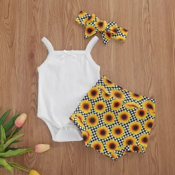 

Pudcoco Newborn Baby Girl Clothes Summer Solid Color Knitted Cotton Strap Romper Tops Sunflower Print Shorts Headband 3Pcs Set