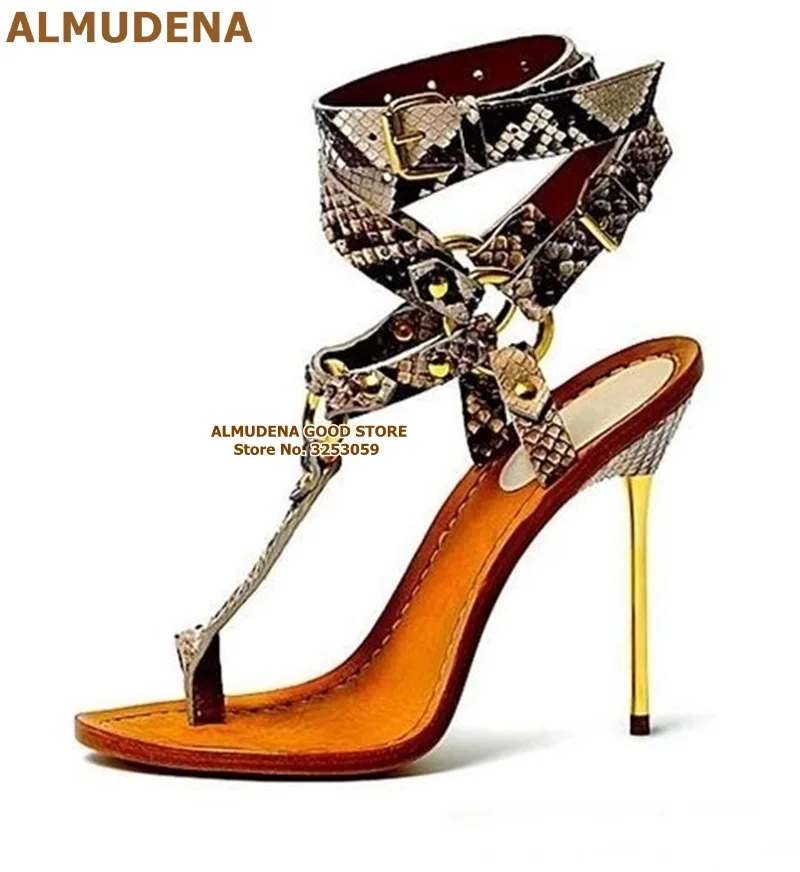 gold heel as pic ALMUDENA/босоножки с металлическое кольцо на каблуке с пряжкой; пикантные туфли на высоком каблуке с острым носком из змеиной кожи; туфли-лодочки с ремешками из питона; большие размеры - Цвет: gold heel as pic