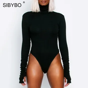 

SIBYBO Spring Turtleneck Ribbed Sexy Bodysuit Women Long Sleeve Skinny Jumpsuit Romper Women Black Sportwear Casual Bodysuit Top