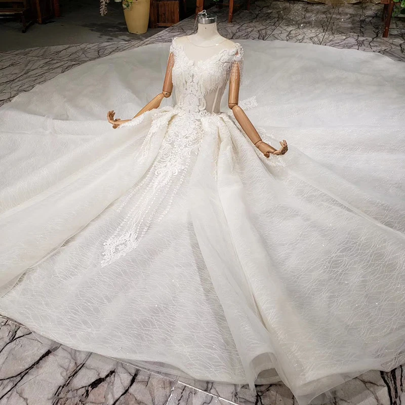 HTL990 кружевное свадебное платье в свадебном платье es o-образным вырезом с коротким рукавом свадебное платье из бисера с хвостом Иллюзия сзади vestidos de noivas