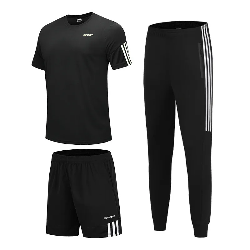 black 2 3 шт./компл. хлопковая футболка с коротким рукавом, одежда для Для мужчин костюмы для бега футболки+ Спортивные шорты+ спортивные штаны Для мужчин s спортивной костюм футбол игровой гимнастический комплект - Цвет: black 2
