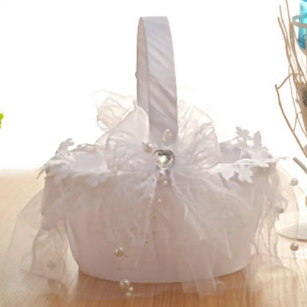 Creative Flower Basket Eye-catching Elegant Appearance Fabric Lace Diamonds Wedding Flower Girl Handheld Basket for Party 3