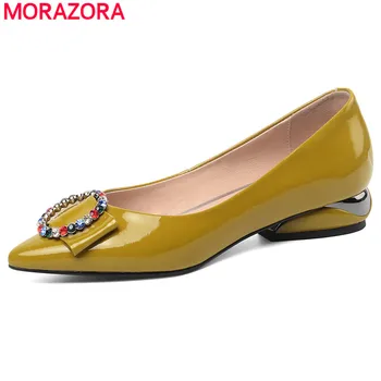 

MORAZORA Spring summer genuine leather shoes woman pointed toe rhinestone low heels women pumps office dress shoes female
