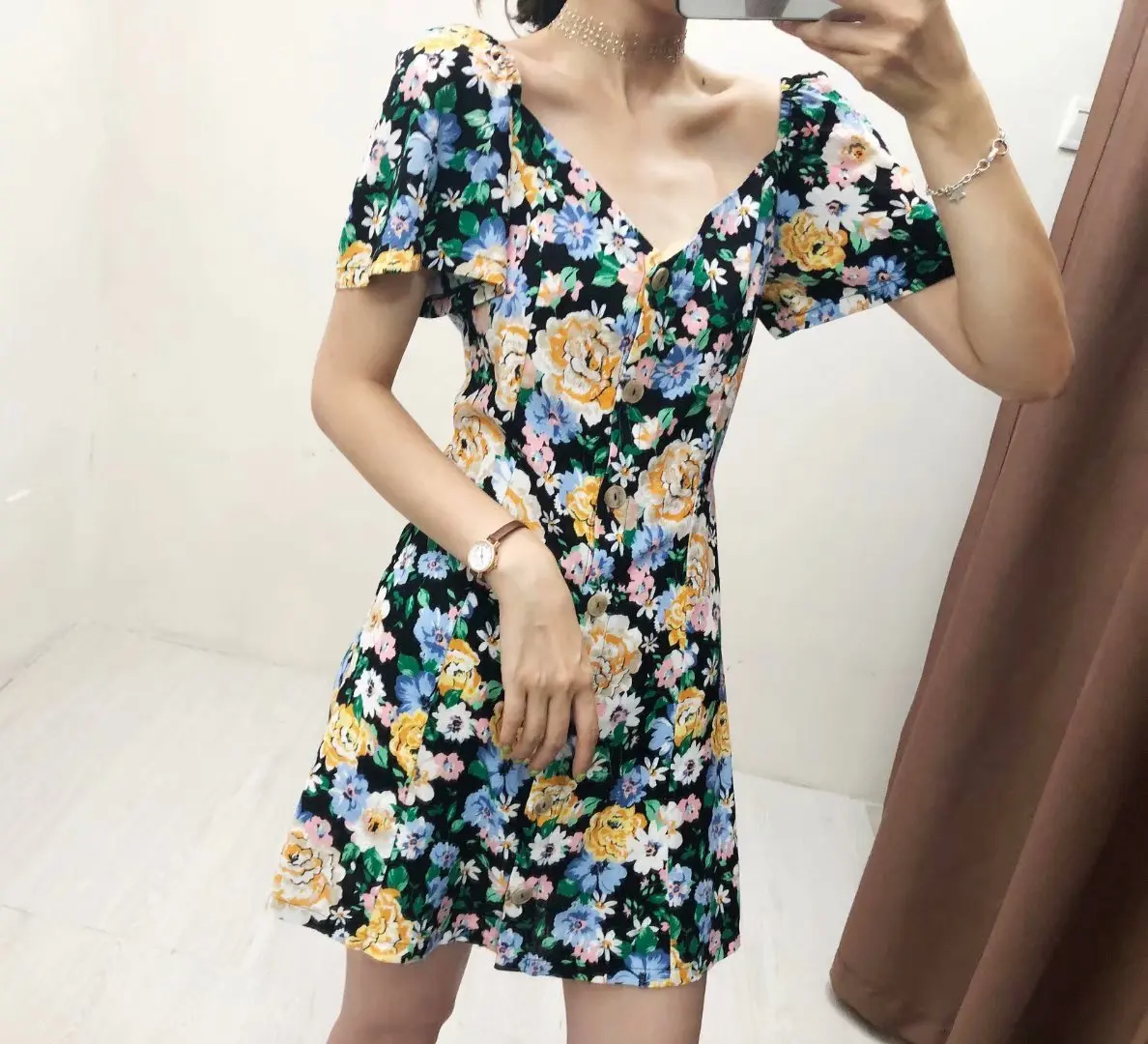 

South Korea Summer New Products Fashion Waist Hugging Bandage Cloth Slimming Square Collar French Elegant Flower Dress WOMEN'S D