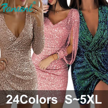 

Sexy Silver Glitter Dresses for Women 2020 Deep V-Neck Sequin Mini Bodycon Dress Autumn Winter Long Sleeve Party Dress