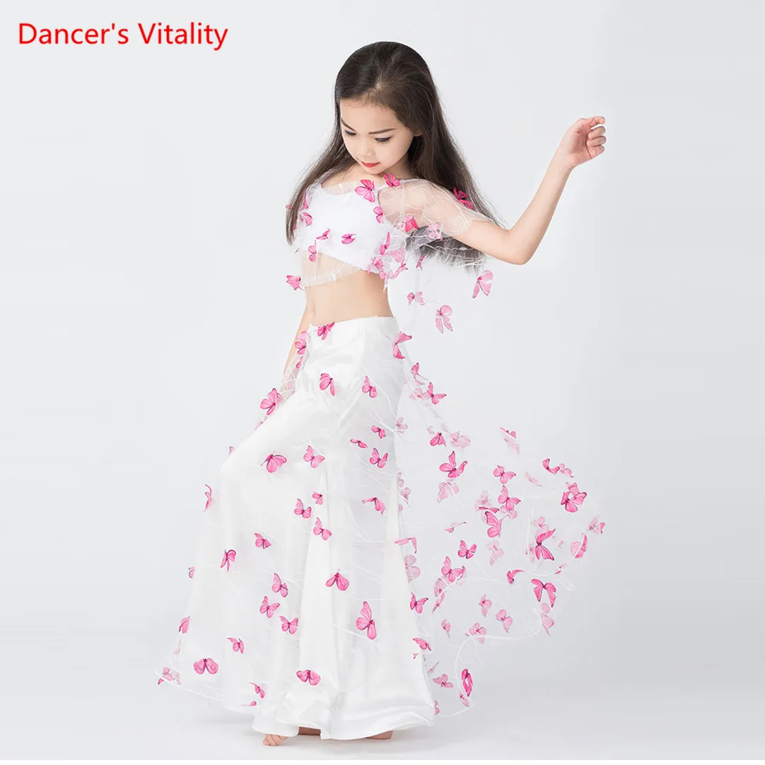 Профессиональный костюм для танца живота, для девочек, для детей, для восточных танцев, для выступлений, юбка с Боковым Разрезом, 2 предмета, одежда для шоу, украшенная бабочкой