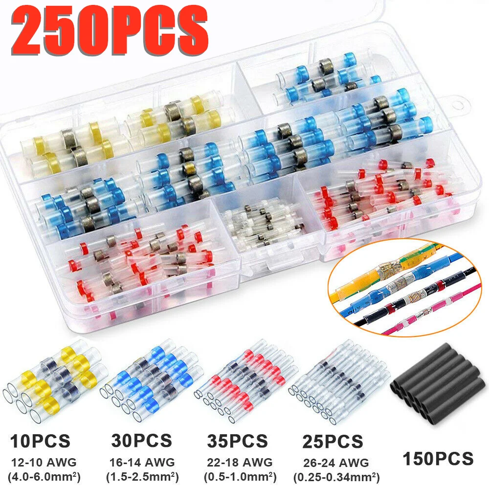 250PCS Set Mix font b Solder b font Sleeve Heat Shrink Butt Waterproof Wire Splice Connectors
