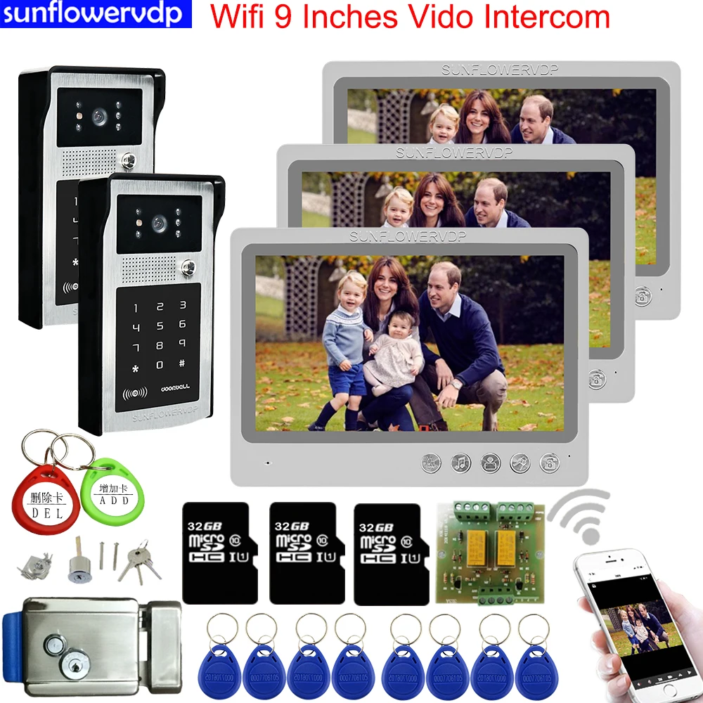 Мониторинг Камера Системы 3 Монитора Wi-Fi 9 дюймов видео домофон SD картой памяти на