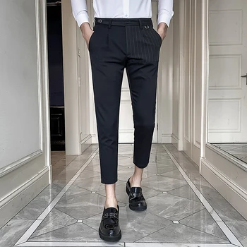 

Spring 2020 Dress Pants Men Ankle Length Slim Fit Spliced Striped Pocket Formal Pants for Men Streetwear Office Trousers Men