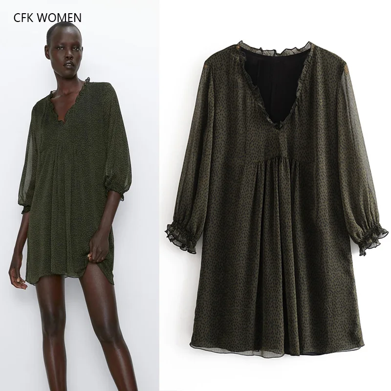 Женское шифоновое платье CFK зеленое свободное Повседневное с v образным вырезом и