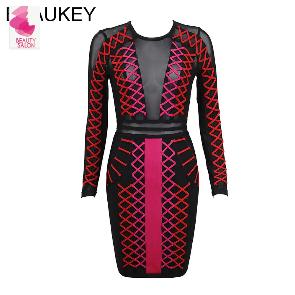 

Black Long Sleeve Perspective Patchwork 2017 Women's Rayon Knitted Autumn Cross Straps Sexy Bodycon Mini Bandage Dress