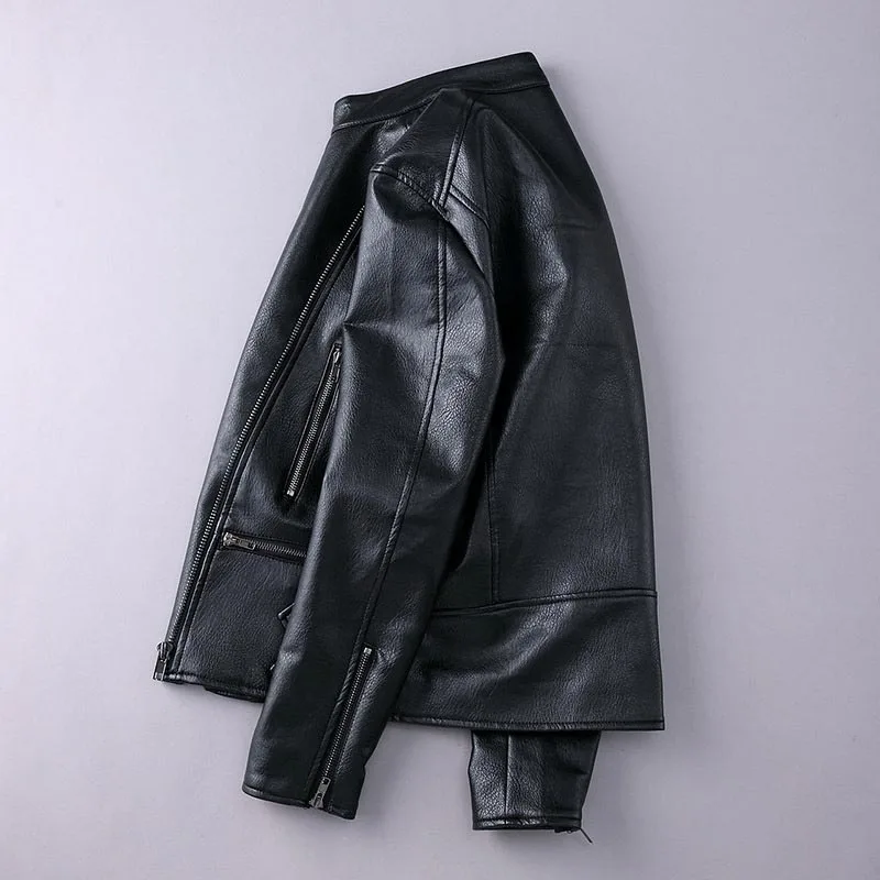 KIOVNO 2019 Men's Biker Leather Jacket Coats Solid Color Stand Collar Motorcycle Pu Faux Leather Jackets Outweare Male Black  (9)