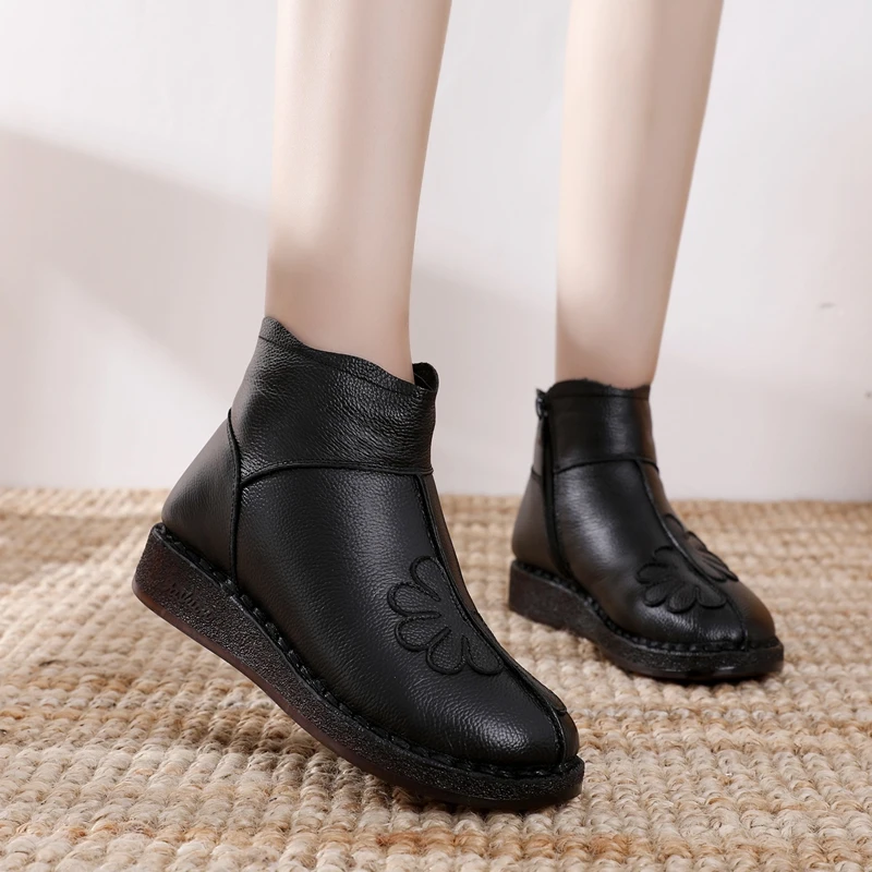 GKTINOO Fashion Winter Middle-aged Women Boots Flat Non-slip Genuine Leather Shoes Woman Ankle Boots Plus Velvet Warm Snow Boots