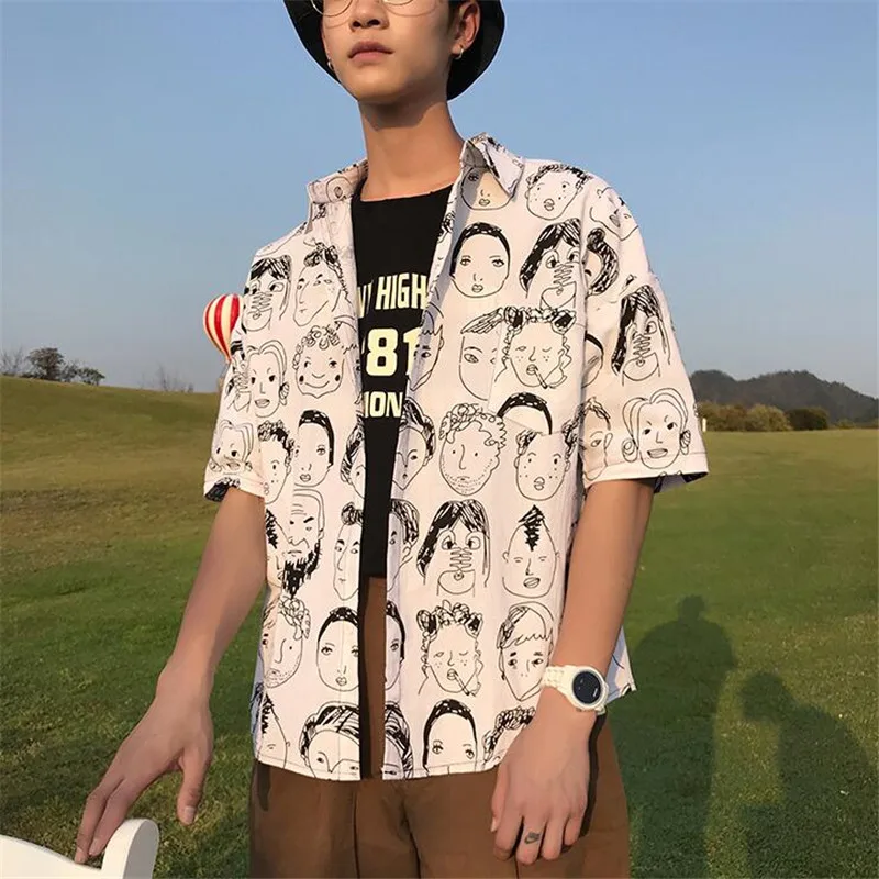 Harajuku японский Ukiyo E аниме рубашка свободная мужская с принтом головы хип-хоп Гавайские VogueShirts уличная летняя футболка с коротким рукавом