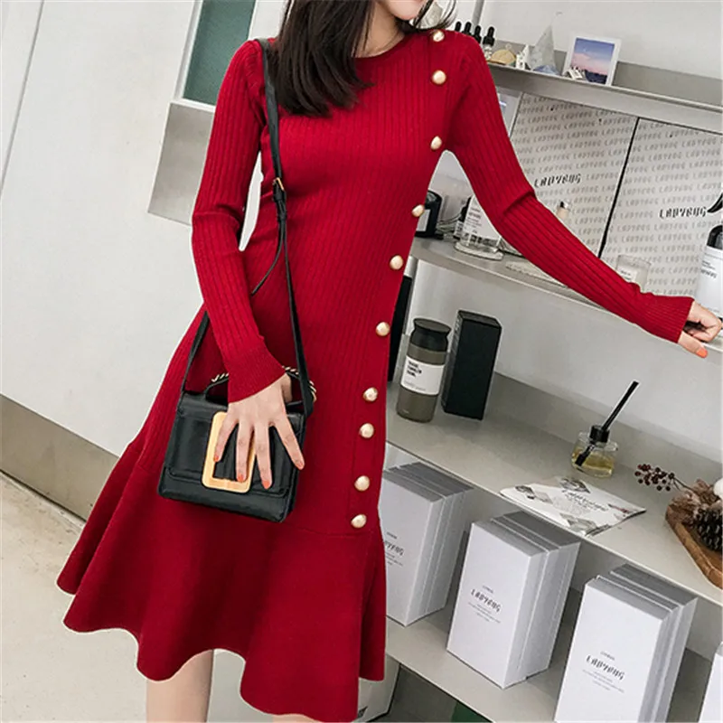 Billige Korean Mode Frauen Pullover Kleid Elegante Frauen Bodycon Kleid Plus Größe Winter Kleider Frauen 2019 Vestido Frau Faltete Kleider