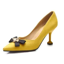 Stilleto/Весенняя женская обувь желтого/черного цвета; женские туфли-лодочки с острым носком; модельные туфли на высоком каблуке с бантом; женская обувь; XKD3032