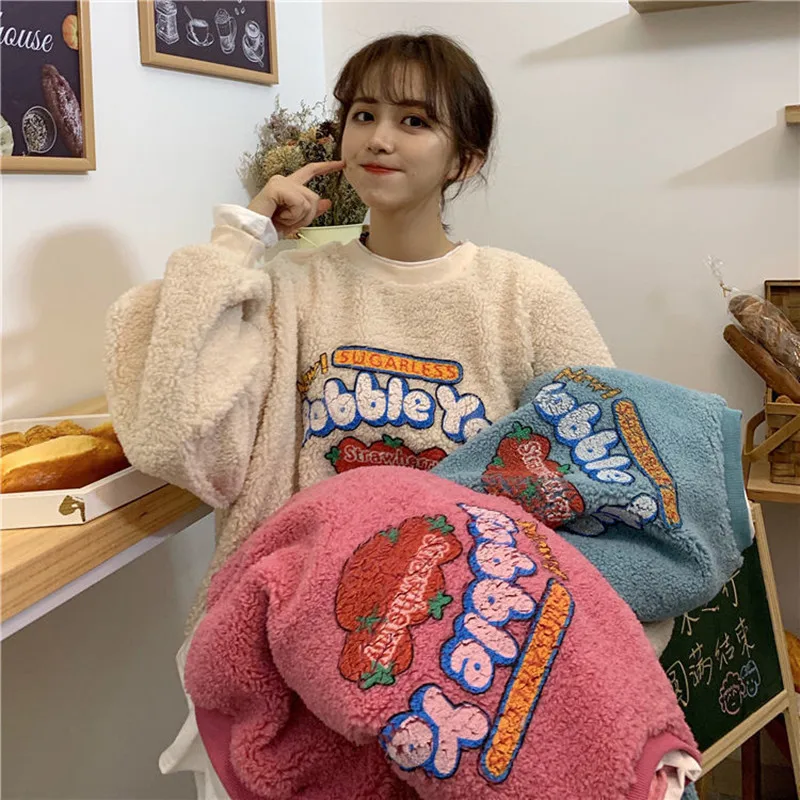 

2021 Winter Women Fleece Letter Printed Pullover Sweatshirts Long Sleeve Casual Sports Lady Oversized Hoodie Autumn Korean