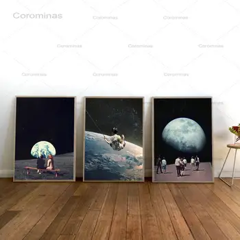 

Night Sky Art Prints Earth Canvas Posters Surrealism Galaxy Space Moon Canvas Painting Swing Cosmic Wall Pictures Sci-Fi Decor