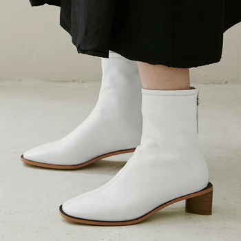 

AIWEIYi Full Grain Leather Ankle Boots for Women Black White Square toe Med Heels Genuine Leather Woman Boots Martin Boots