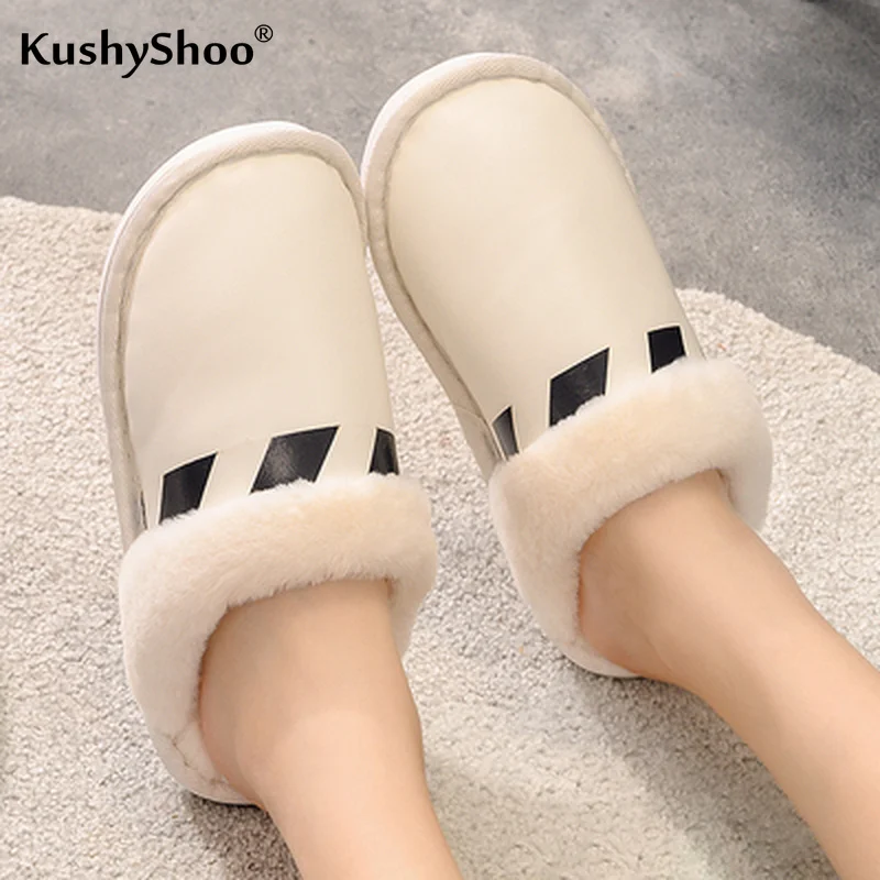 KushyShoo/женские теплые зимние тапочки из искусственной кожи Домашние Нескользящая