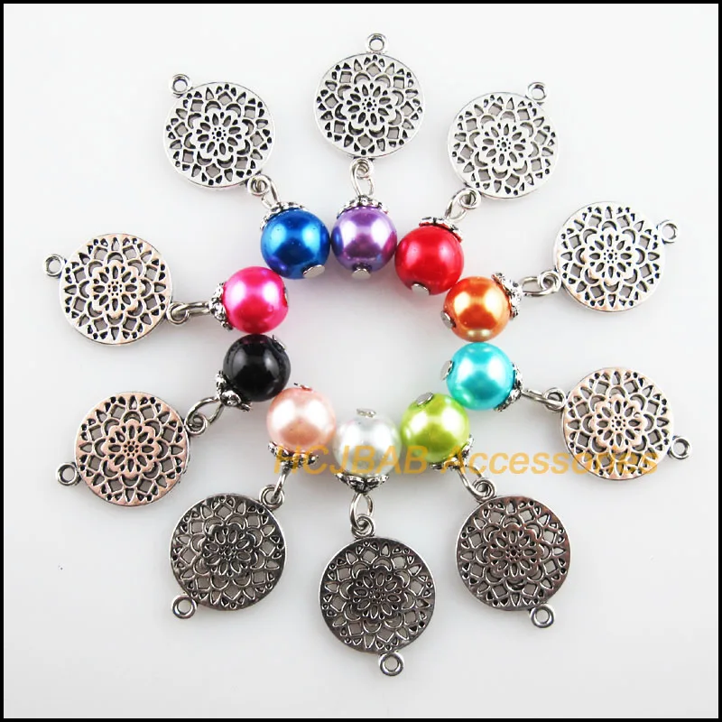 

20 New Round Flower Charms Mixed Glass Beads Pendants Tibetan Silver 14x32mm