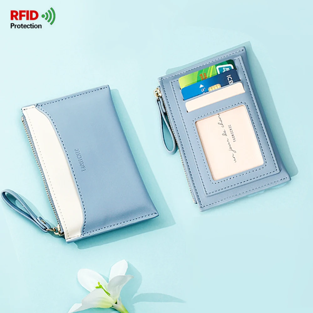 

Chic Panelled Small Zip Wallet with Finger Loop Card-Holder Coin Cash Bag ID Photo-Window Female Handbag Key Ticket Organizer