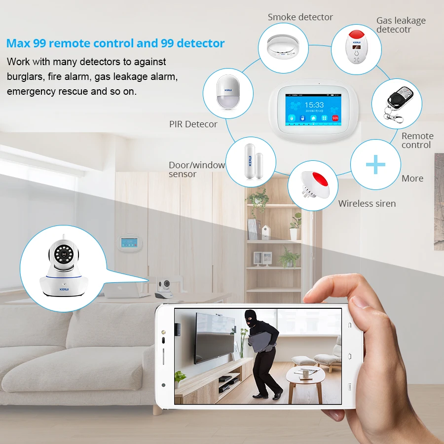 KERUI-sistema de alarma K52 WIFI GSM, pantalla táctil a Color grande de 4,3 pulgadas, aplicación de Control remoto, sistema de alarma de Buglar inalámbrico de seguridad para el hogar - Imagen 6