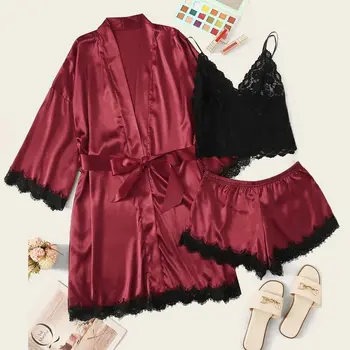 

3pcs Pijamas Sets Women Floral Print Pajamas Set Wire Free Lace Bra Camisole Panty And Robe Set Female Sexy Sleepwear