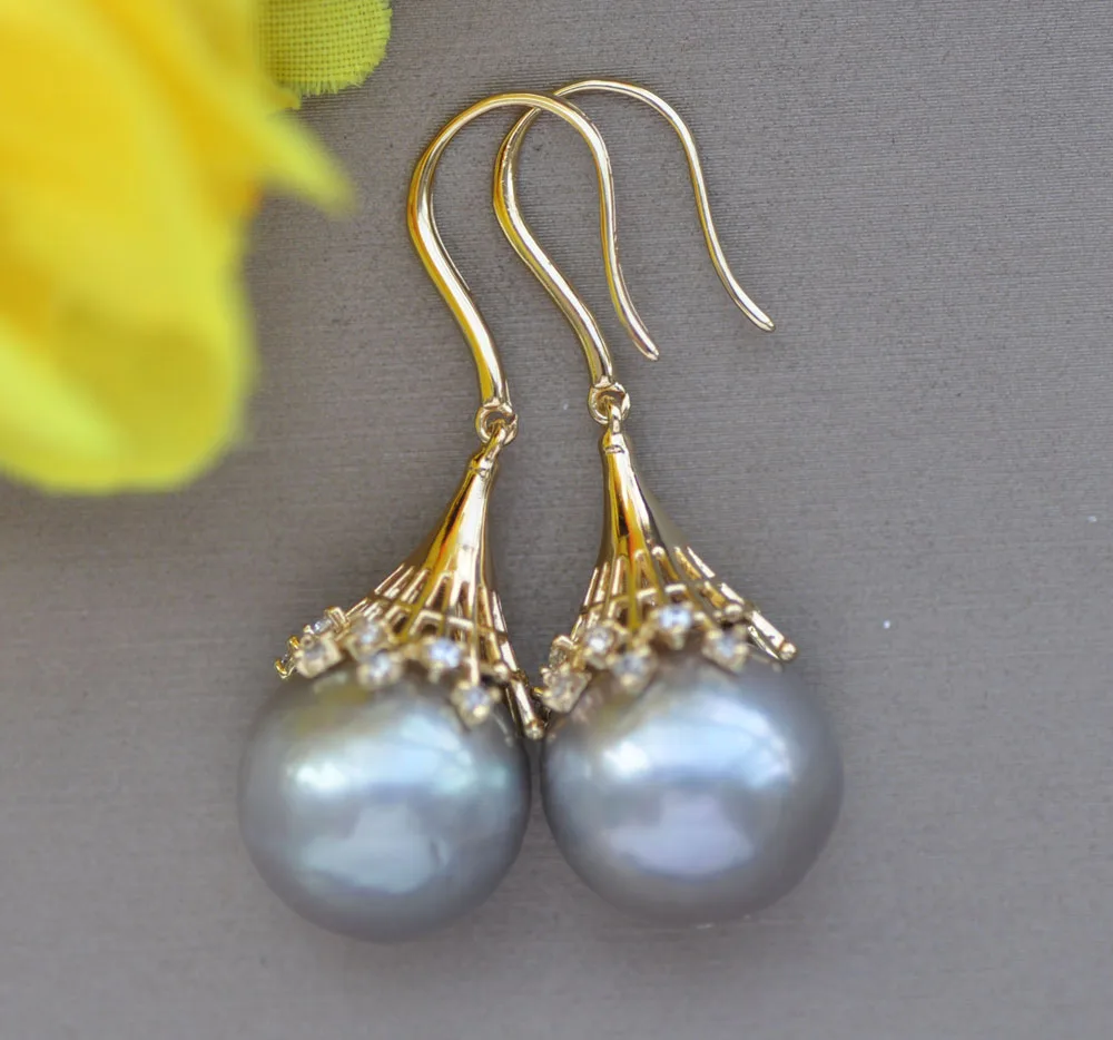

Z10942 13mm Gray Round Edison Keshi Pearl Dangle Earring CZ