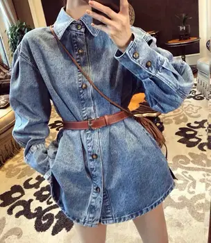 

Fashionable new long-sleeved tide with belt single-breasted casual loose wild denim jacket