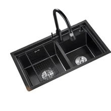 

3mm thick double-bath black nano sink double-bath kitchen stainless steel manual step sink brushed vegetable sink