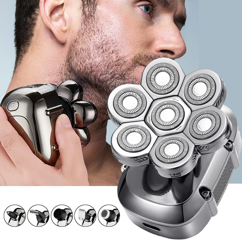 

7D Electric Shavers for Men Floating Cutter Head Bald Beard Trimmer 6 in 1 Cordless USB Rechargeable Rotary Shaver Grooming Kit