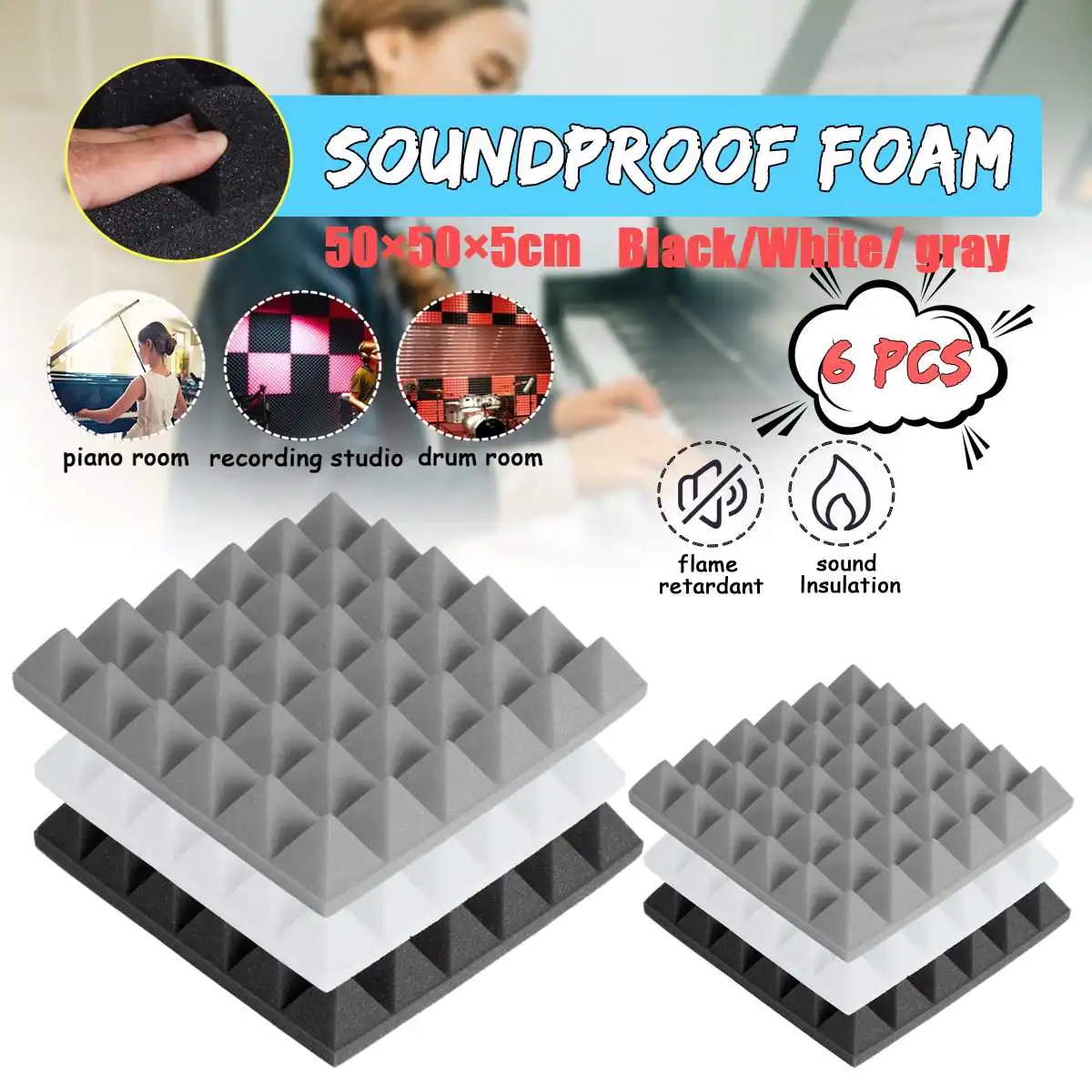 

6pcs 30x30x5cm Pyramid Sound Absorbing Sponge Stop Absorption Sponge Drum Room Accessories Cotton Noise Sponge Thickness 5cm