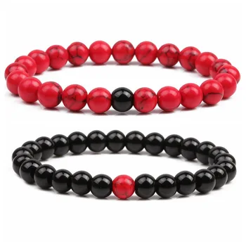 

2 Pcs/set 8mm Natural Red Black white stone Beads Bracelet Distance Couple Bracelets for Women&Men fashion Jewelry Pulseras