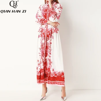 

Qian Han Zi 2020 designer fashion runway Maxi dress Women's Long Sleeve Red Print Elegant Crystal Beaded Slim Beach Long Dress