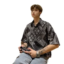 

ICCLEK New Summer Flower Shirt Loose Ins Hong Kong Style Spring and Summer Men's Short-Sleeved Shirt Korean Style Trendy Top