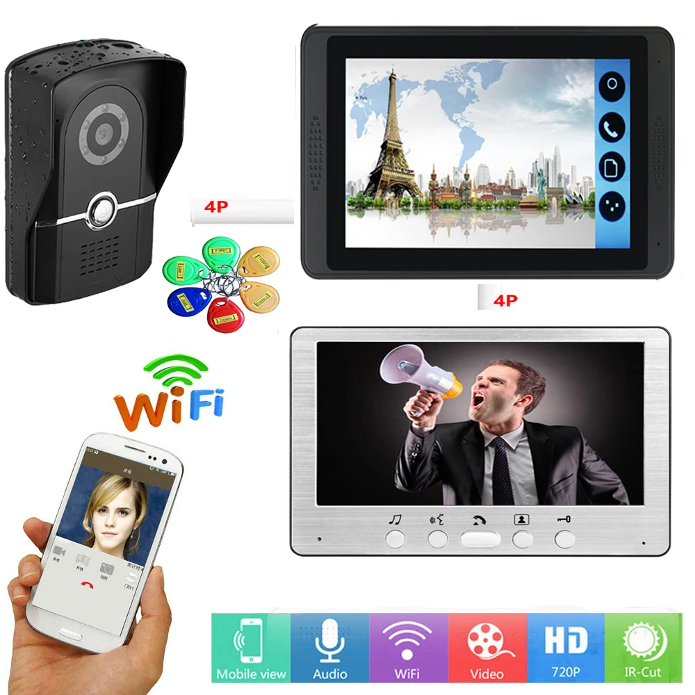 

SmartYIBA APP Remote RFID Unlock WIFI Video Door Phone Doorbell Intercom System Home Security 7'' Night Vision Doorbell System