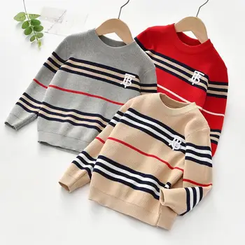 

Autumn winter Korean version of the European college style stripe body flower long-sleeved round neck children's sweaters