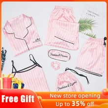 

XIKUO Classic Pink 7 Pieces Women's Pajamas Sets Faux Silk Striped Pyjama Women's Pajamas Sleepwear Sets Spring Summer Homewear