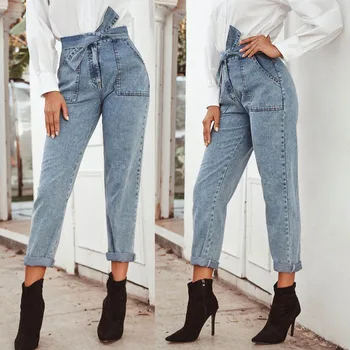 

Jeans Woman Casual Denim Bow Pants Belt Bandage Vintage boyfriend jeans for women mom Trousers Loose Pants Jeans mujer 2019 S10