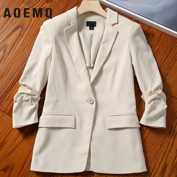 

AOEMQ Women's Solid Color Single Button Pleated Casual Blazer Notched Collar Female Fashion Autumn New Arrival Coat Outerwear