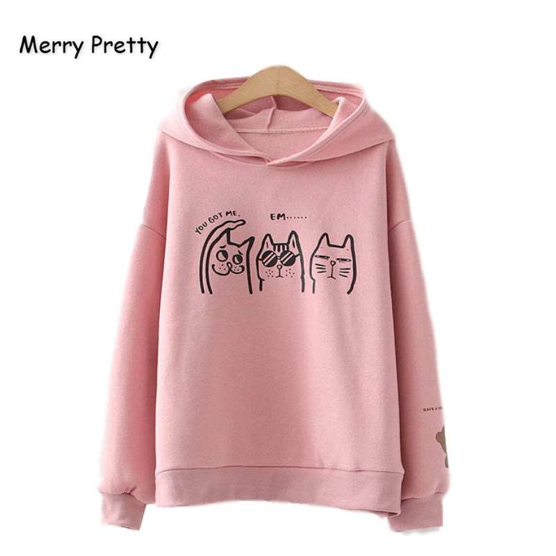 Merry Pretty женские толстовки Harajuku с рисунком кота из мультфильма, толстовки, зимние Лоскутные пуловеры с капюшоном и длинным рукавом, плюс бархатные пуловеры