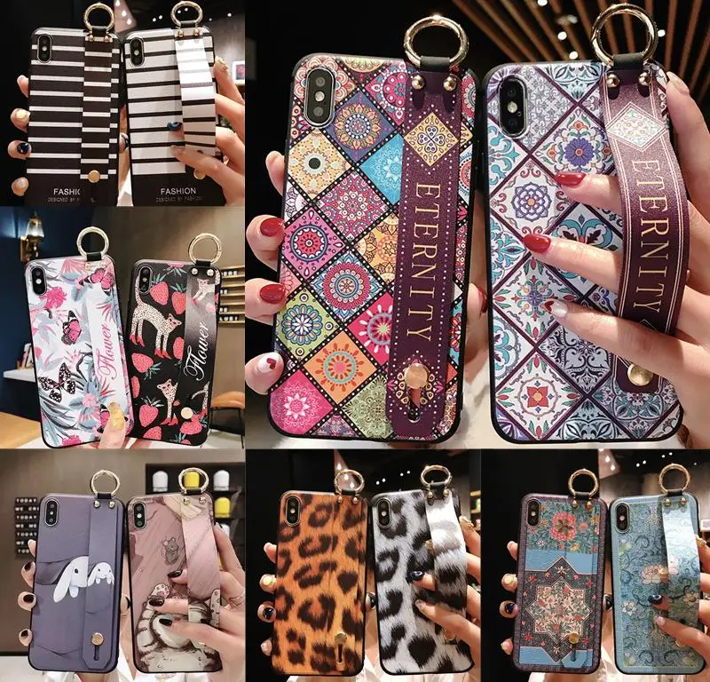 

Wrist Strap Soft TPU Phone Case for iPhone 7 Cases Ring Stand Holder Flower Floral Cover for iPhone X XS MAX XR 7 8 Plus 6 6s