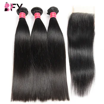 

BFY Straight Bundles With Closure 100% Brazilian Human Hair Deals 3 Bundles With 4*4 Swiss Lace Closure Non-Remy Hair Bundles